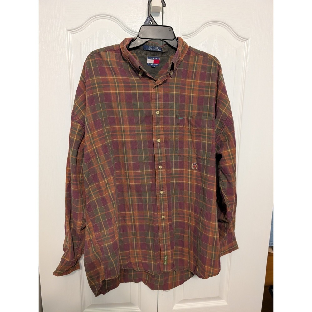 Tommy Hilfiger Shirt Mens XL Pumpkin, Cranberry Plaid Button Up Cotton Vintage
